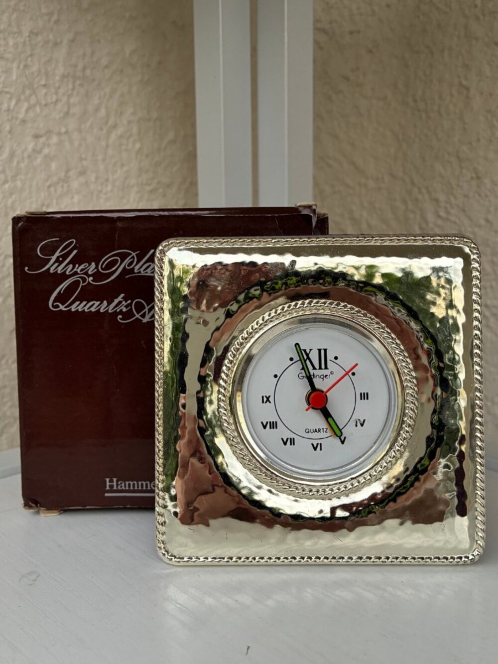 Vintage Goodinger Silver Plated Quartz Alarm Clock Hammered Design w/ Box